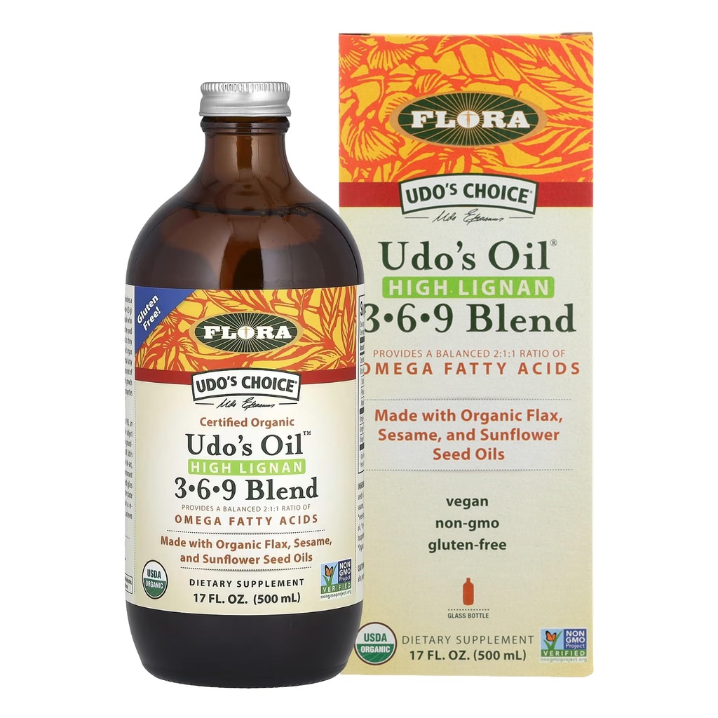 Flora - Udo 's Choice High- Lignan 369 Omega Oil Blend, Udo' s Oil Balanced 2: 1: 1 Stosunek Omega Fatty Acids, Made with Organic Flax, Sezame & Sunflower Seed Oils, 17- oz. Butelka szklana