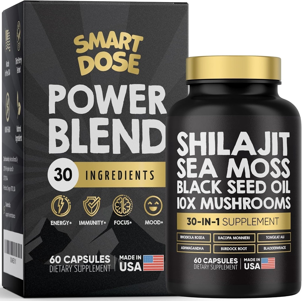 Power Blend kapsułki - 30- in-1 Suplement Bundle z Shilajit 6000mg, Sea Moss 4000mg, Black Seed Oil 4000mg, Ashwagandha 2000mg, 10x Grzyby, Tongkat Ali, Maca, Holistic Pills Combo