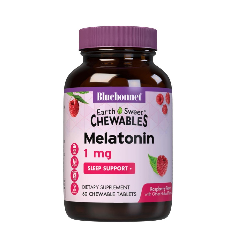 Bluebonnet Nutrition EarthSweet Melatonina 1 mg Szybkie szybkie rozpuszczanie relaksacji nocnej i niespokojne wsparcie snu - Pomoc na sen - Bez glutenu, Wegan - Smak - Pigmenty do żucia Malina