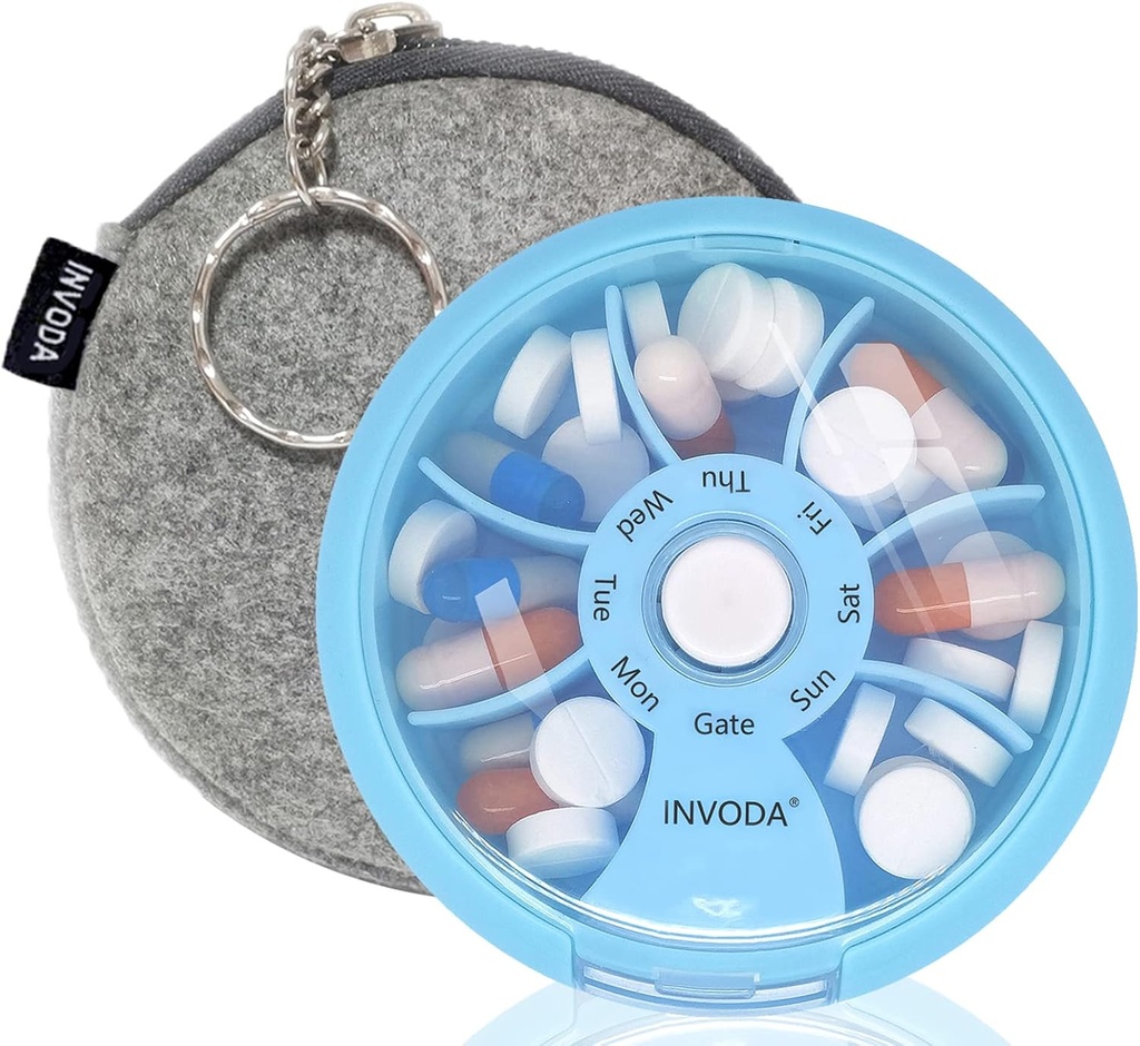 INVODA Cotygodniowy pill organizer 7 Commodation Rotating pill Box for Daily Medication & Vitamins - Przenośny Travel pill Case Fish Oil Supplements Vitamin Organizer (Blue + Bag)