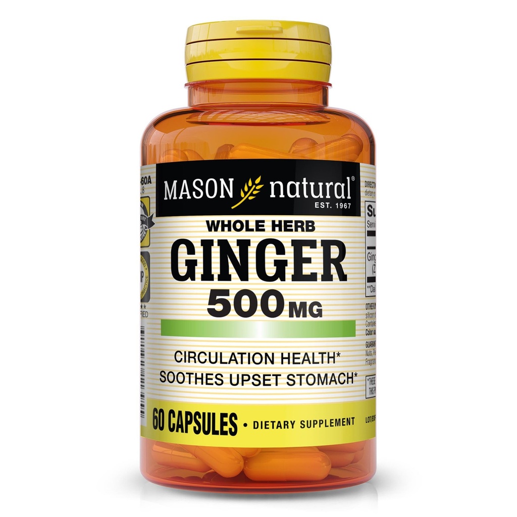 MASON NATURAL Whole Herb Ginger 500 mg, 2 Miesiąc dostaw, Natural Herbal Supplement, 60 kapsułki
