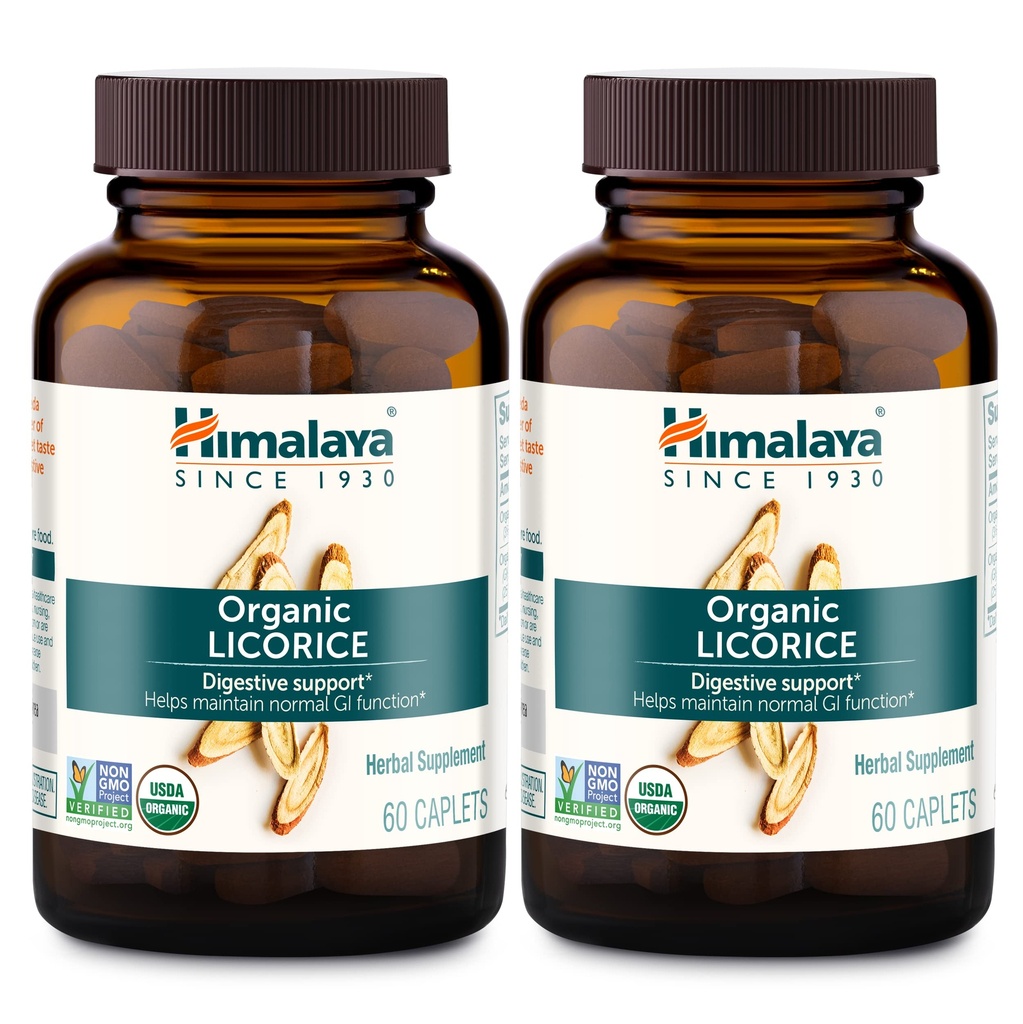 Himalaya Organic Licorice, 120 Day Supply - Digestive Health Supplement for Usset Stomach, Okazjonalne Bloating and Heartburn - USDA Organic, Vegan, Non-GMO, Non-DGL, Gluten Free, 60 Kaples, 2 Pack