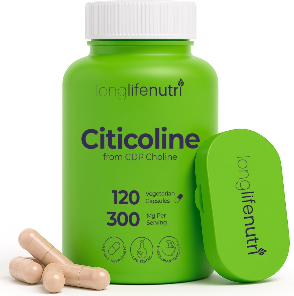 LongLifeNutri Citicoline (CDP- Cholina) 300 mg, 120 Kapsułki wegetariańskie, 4- Miesiąc dostaw, GMP Certified, Made in USA