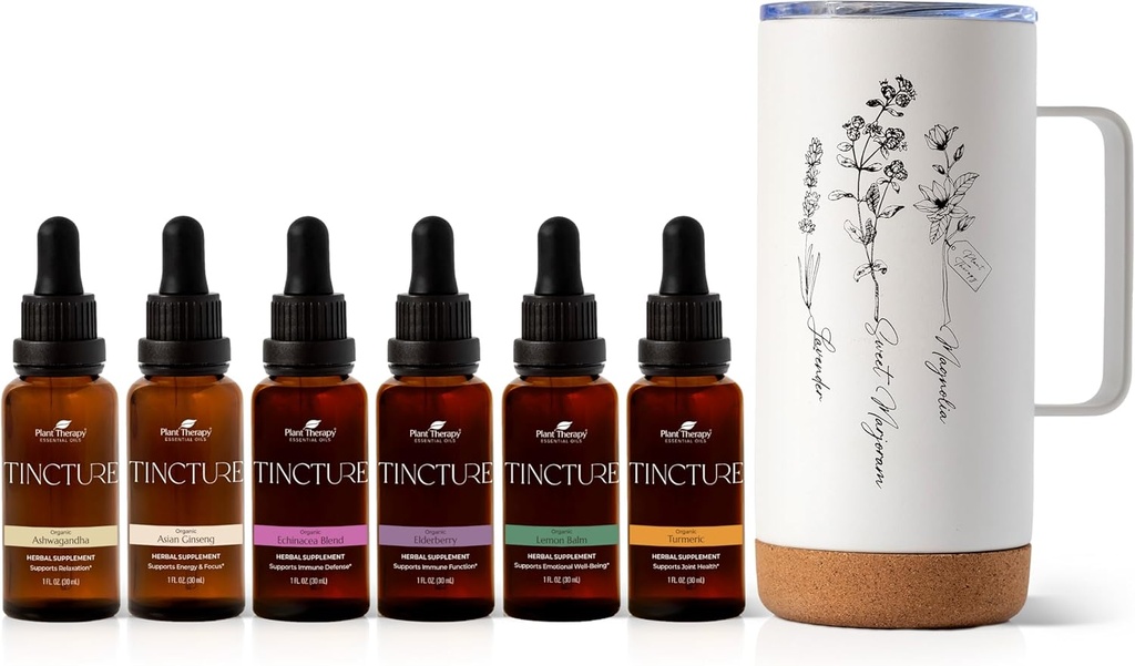 Terapia roślinna Total Tincture Package zawiera 30 ml Każdy z Organic Ashwagandha, Azjatycki Ginseng, Echinacea Mieszanka, Elderberry, Lemon Balm, Turmeric & Travel Mug