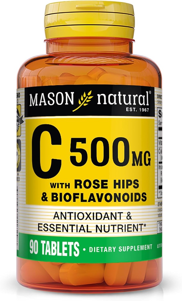 MASON naturalna witamina C 500 mg, z Rose HIPS & bioflavonoids, Immune Support & Antioksydant Formuła, 90 Tabletki