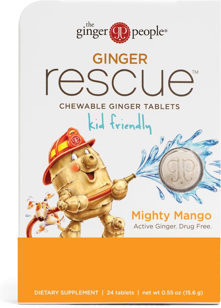 Ginger People Ginger Rescue ® Tabletki do rozgryzania i żucia Lekarstwa Free Digestive Health, 5,5 oz Tabletki do żucia, Mighty Mango Flavor, Kid Friendly, 0.55 Oz, 24 Count (Pack of 1)