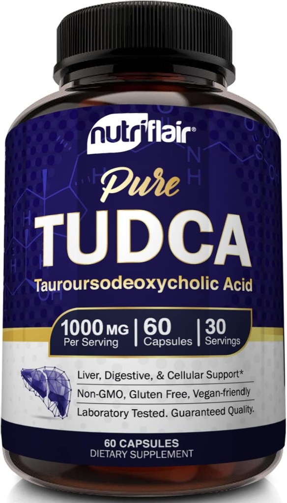 Nutric Flair Pure TUDCA 1000mg - Premium Tauroursodeoksycholic Acid Bile Salts, Detox & Cleanse, Non-GMO, Gluten- Free. Wątroba, Nerki i pęcherzyk żółciowy Wsparcie - Made in USA, 60 Kapsułki