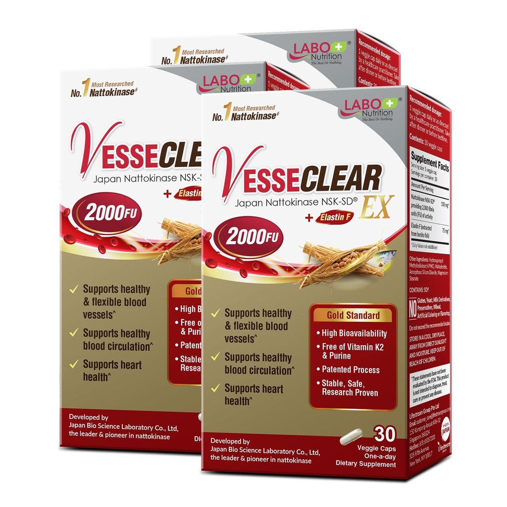 LABO Nutrition VesseCLEAR EX: Nattokinase NSK- SD + Elastin F for Clean & Elable Blood Vessel. Japonia 's Most Clinically Studied, Functional Dose, Acid- Resistant / Opóźnione uwolnienie kapsułki, 90 Count