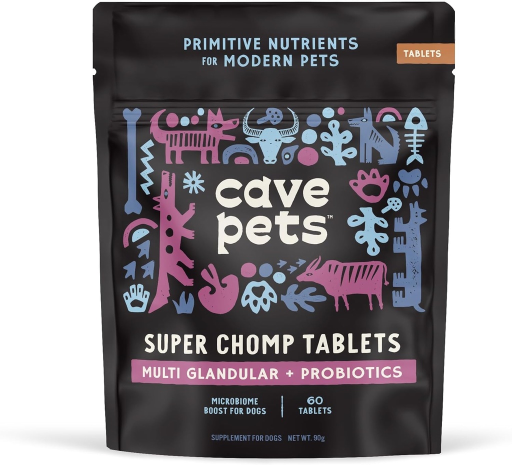 Zwierzęta domowe z jaskini, Super Chomp Tablets, Dog Probiotic Supplement for Digestive Health, Multi- Glandular & Probiotyki, 60 Tabletki