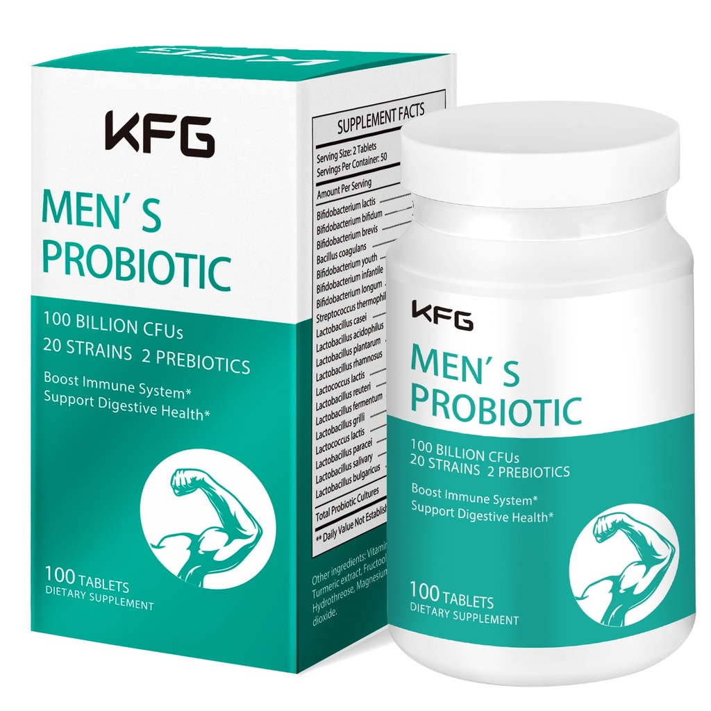 Suplement Probiotyczny KFG 100 Miliard CFU, 20 Szczepów, 2 Prebiotyki i Enzymy trawienne, Podtrzymuje trawienie, Wsparcie immunologiczne, Gut Zdrowie i Metabolizm, Non-GMO, Gluten & Soy Free, 100 Tabletki