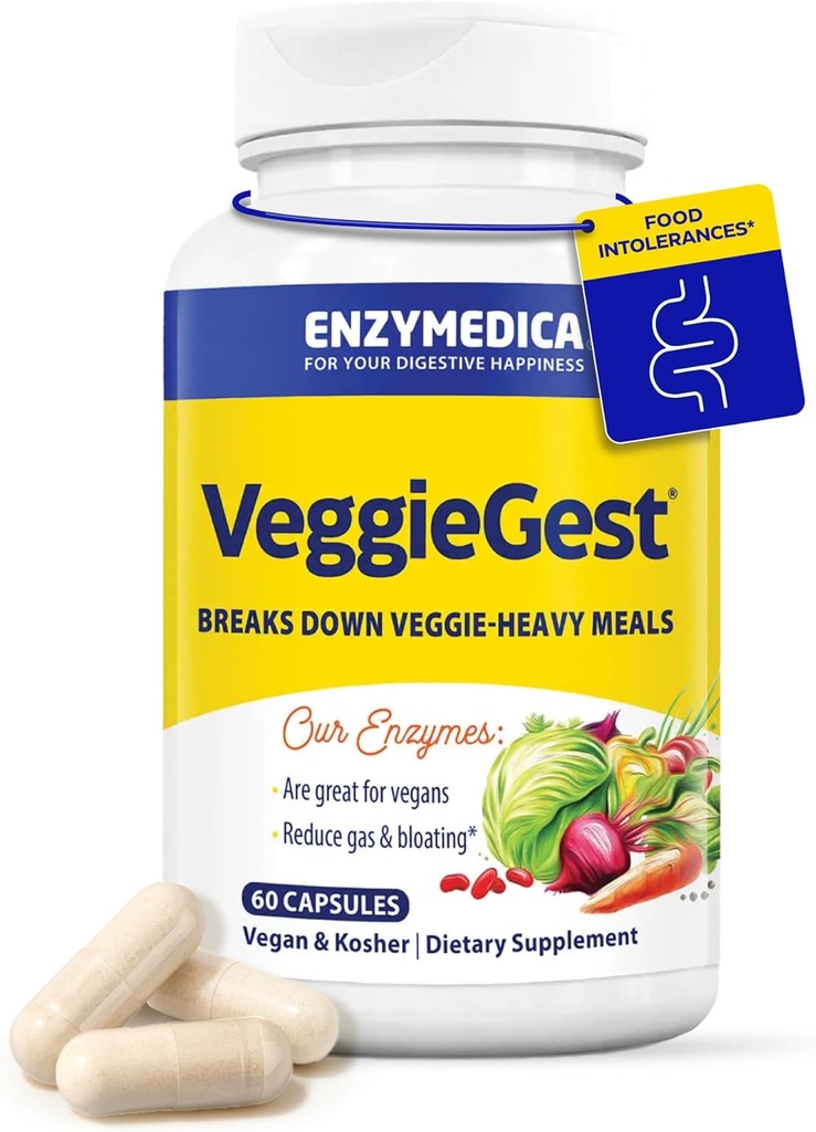 Enzymedica, VeggieGest, Enzymy trawienne, Wspiera Sporadyczne Gaz i Bloating Relief z Wysokich Fiber Posiłki, dla Vegan & Diety wegetariańskie, Enzym Mieszanka dla zdrowia trawiennego, 60 Hrabia