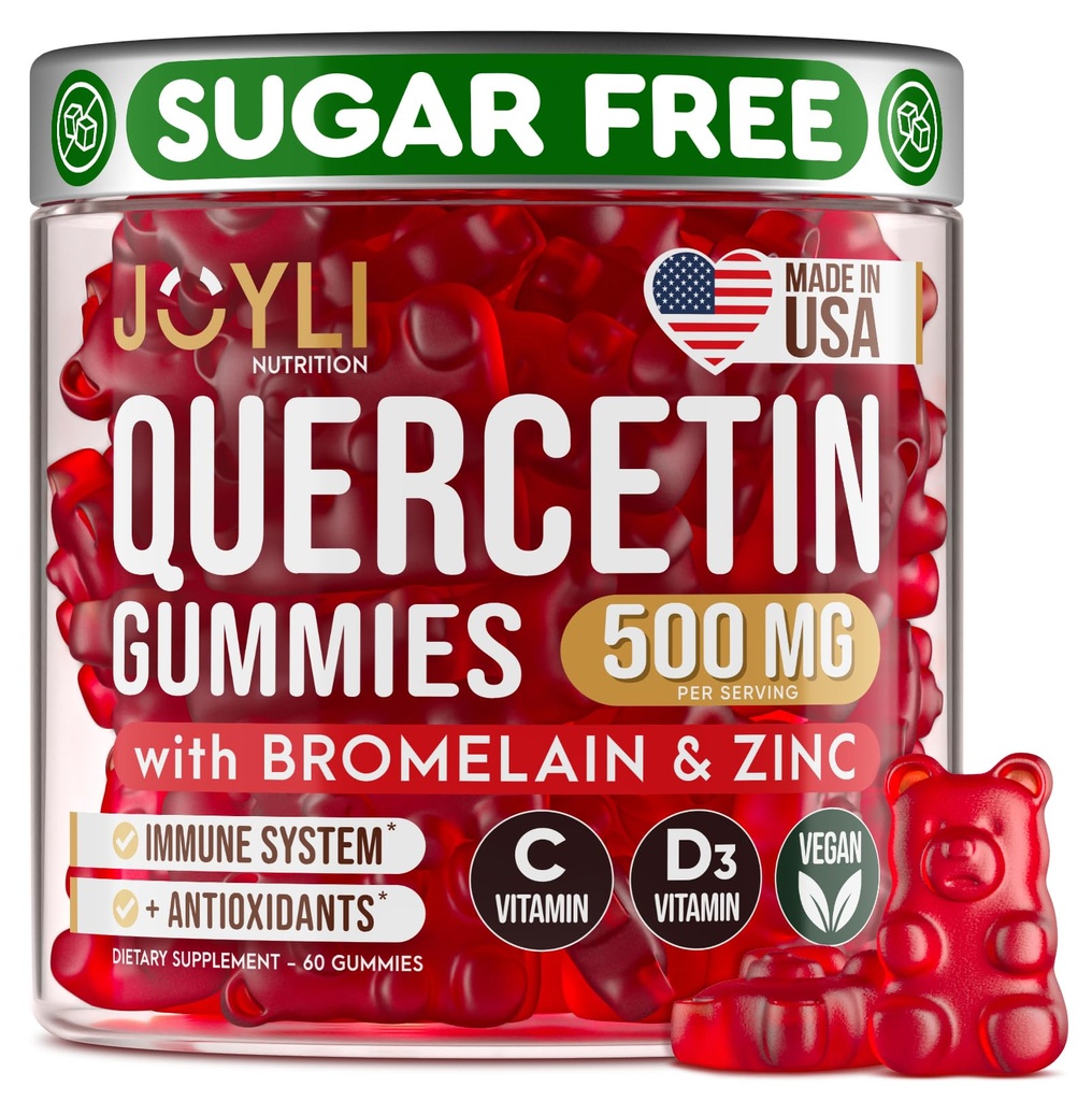 JOYLI Quercetin Gummies - Quercetin with Bromelain Cynk Witamina C & Witamina D3 - Quercetin Supplement 500MG for Immune System & Allergy - Quercetin for Kids and Adult - 60 Quercetin Chewable