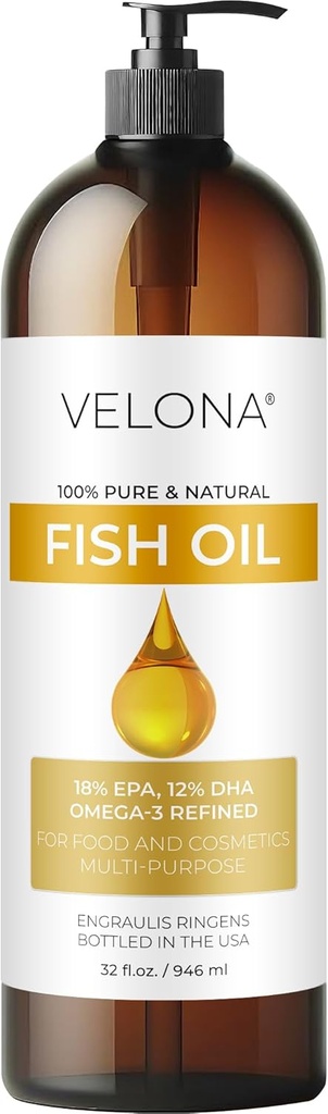 Fish Omega-3 Oil by Velona - 32 Fl Oz | 100% Pure and Natural Carrier Oil | Refined | Vitamin E, D, Omega-3 | Cooking, Skin, Face, Body, Hair Care | Use Today - Enjoy Results