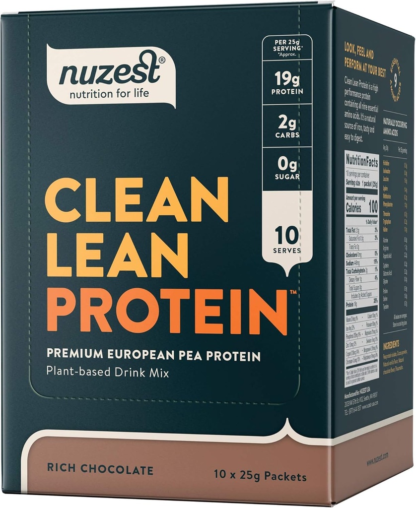 Nuzest - Proszek z protein grochowych - Białko o czystej barwie, Proszek z protein roślinnych Premium, Bezmleczny, Bez glutenu, Bez GMO, Wstrząs proteinowy, Bogata Czekolada, 0,9 oz, (Opakowanie po 10)