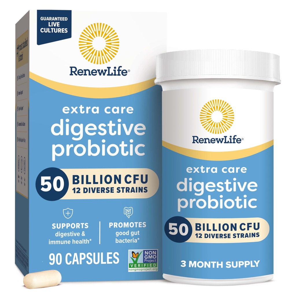 Renew Life Extra Care Digestive Probiotic Kapsułki, 50 Miliard CFU Gwarantowane, Codzienne Suplement Wspiera Immune, Digestive, oddechowe Zdrowie (1), L. Rhamnosus GG, Dairy, Soy i gluten- Free, 90 Count