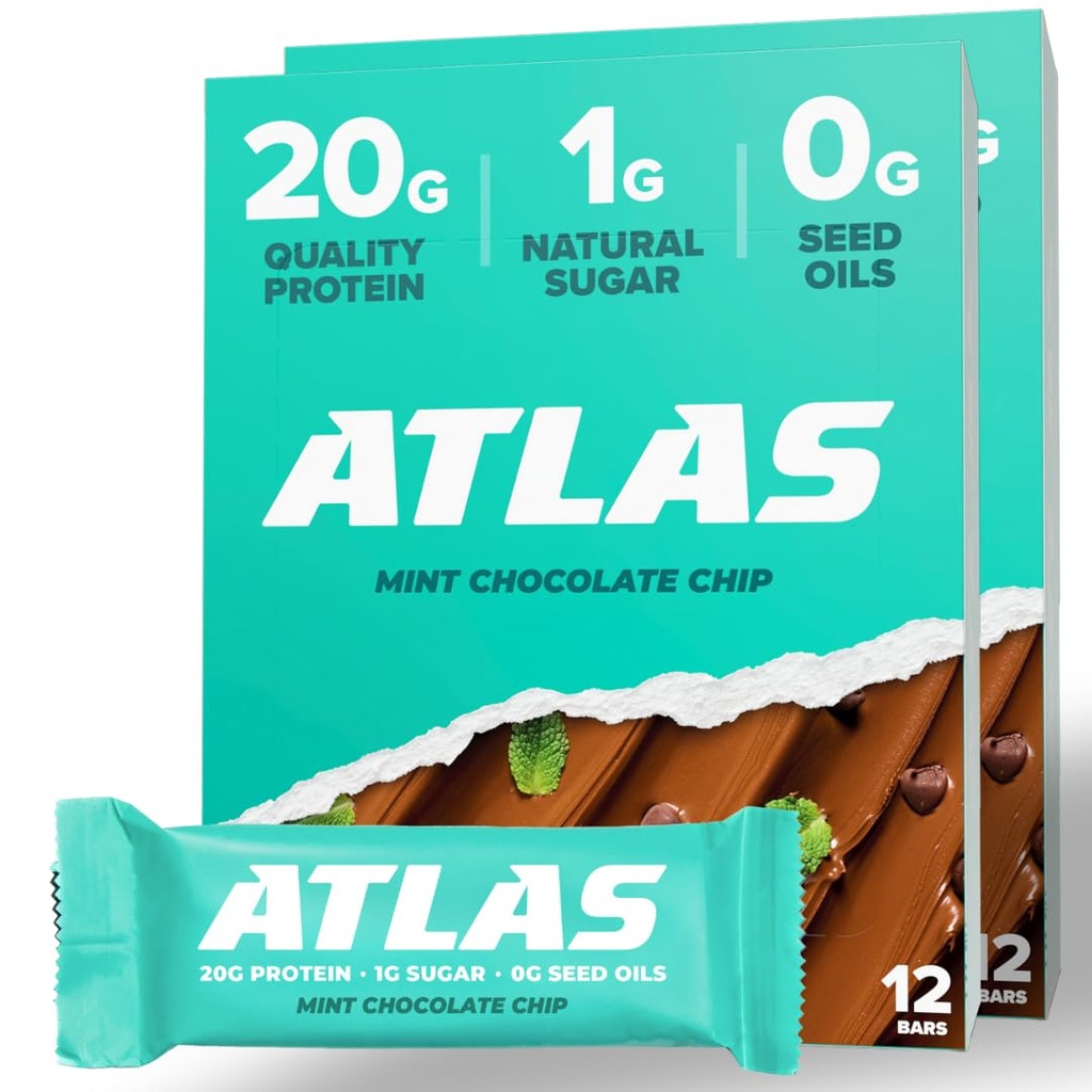 Atlas Protein Bar, 20 g Protein, 1 g Cukier, Czyste składniki, Gluten Free, Miętowy Czekoladowy Chip (12 Count, Pack of 2)