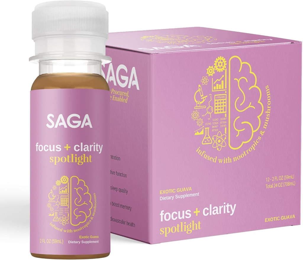 SAGA Organic Focus Shots: 124; Zawiera nootropiki, Adaptogens, & Grzyby - Bacopa & Ashwagandha: 124; Wysoka dostępność biologiczna & Szybka runda: 124; Brak Jitters & Boosts Productivity: 124; Egzotyczne Guava 2oz Shots (12- Pack)