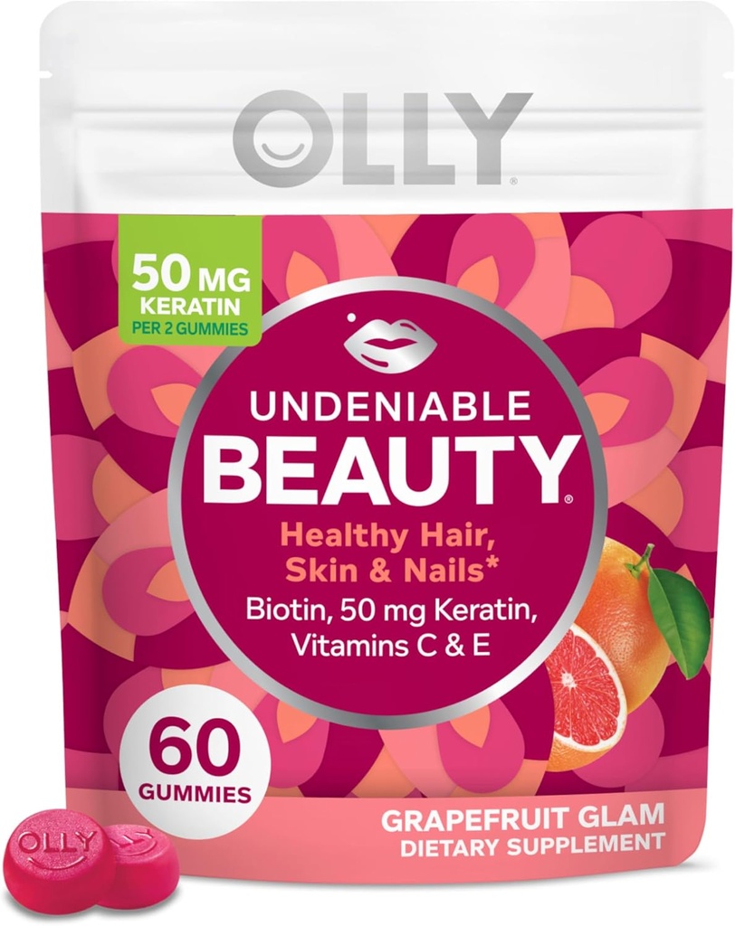 OLLY Niezaprzeczalny Gummy Piękności, Do włosów, skóry, paznokci, Biotyna, Witamina C, Keratyna, Suplement do żucia, Grejpfrut, 30 Day Supply - 60 Count