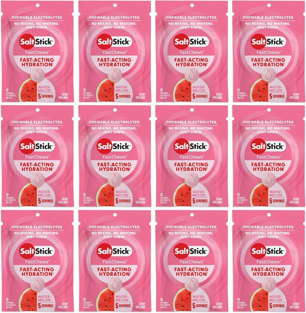 SaltStick Electrolyte FastChews - 120 Count Artermelon Flavor - Electrolyte Tablets for Hydration, Salt Tabs - 10 Count (Opakowanie po 12)