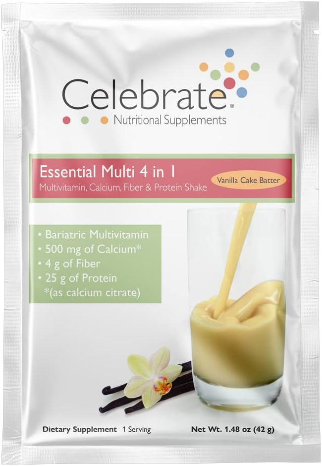 Świętuj Witaminy 4- in-1 Bariatryczny Multiwitamina z Wapnia Citrate Protein Shake, 500mg Wapń, dla post Bariatrycznych Chirurgii, Wanilia Cake Batter, 15 Pojedynczy Serw Pakiety