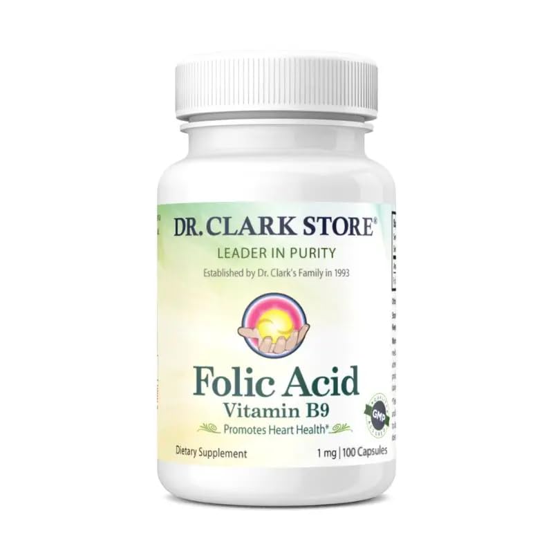 Dr Clark Kwas foliowy (Witamina B9) Suplement - 1 mg, 100 Kapsułki żelatyny, Witamina zasadnicza B dla codziennego zdrowia