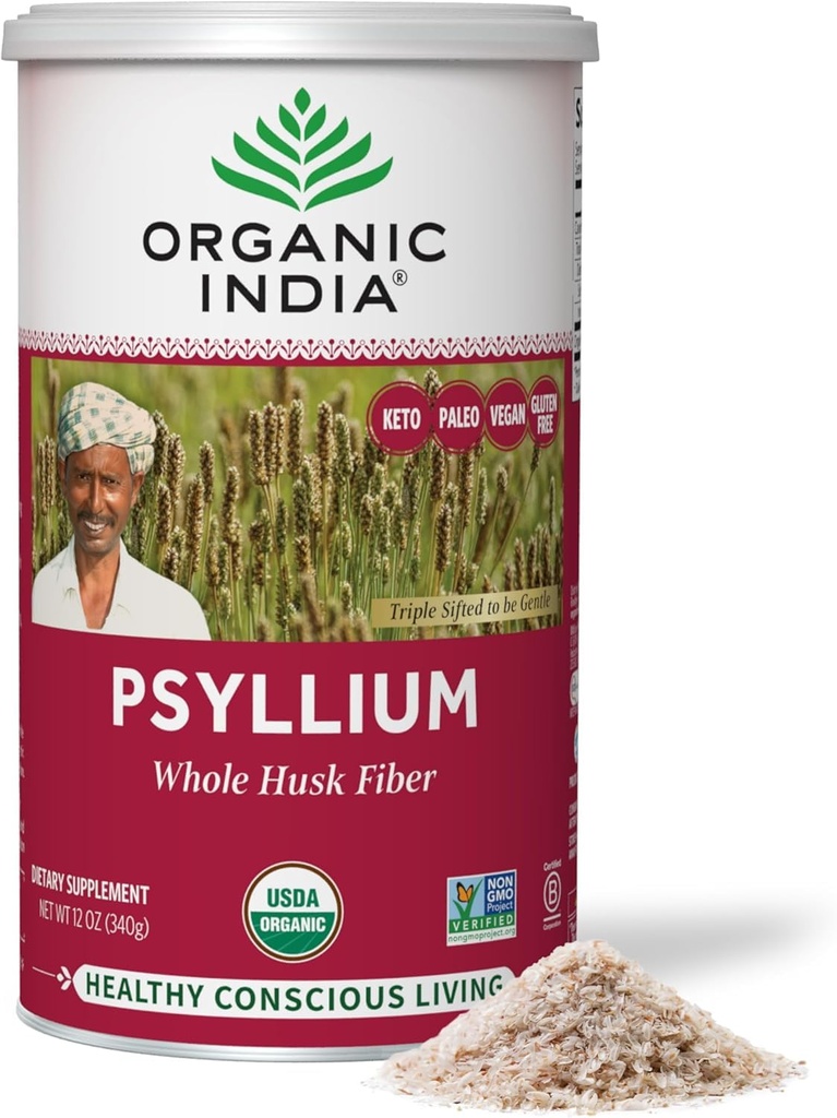 ORGANIC INDIA Whole Pyllium Husk Powder Organic - Psyllium Husk Fiber Supplement, Wsparcie trawienia, Wegan, Bez glutenu, Nie-GMO, Rozpuszczalny i nierozpuszczalny Fiber Source - 12 oz (Opakowanie 1)