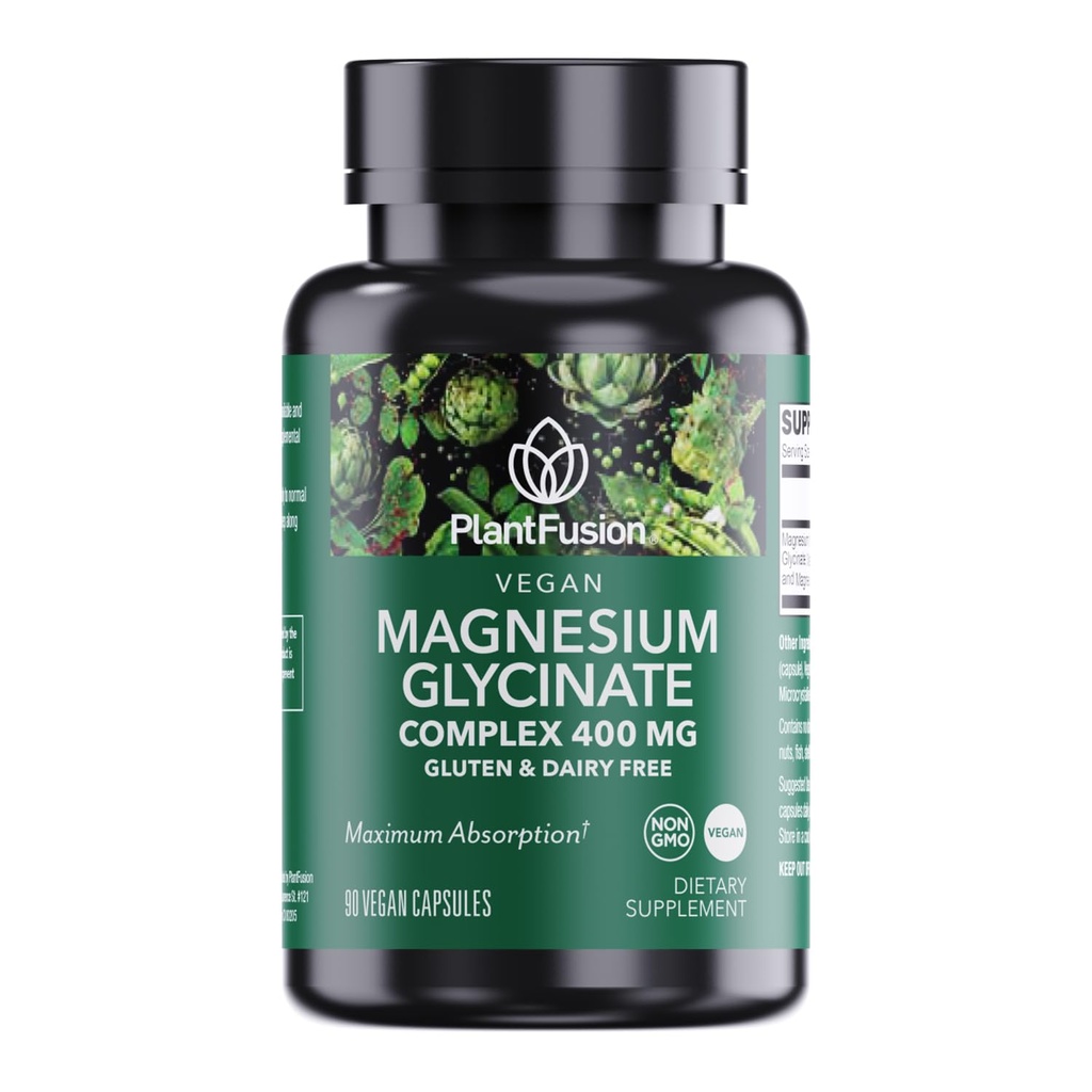 PlantFusion Vegan Magnezu Glycinate Complex 400 mg - Wysoka Absorpcja i Biodostępność - Chelated - Wspiera Relaks mięśni, Sen, Cardio Health, Relief Stress i Produkcja energii - Nie GMO
