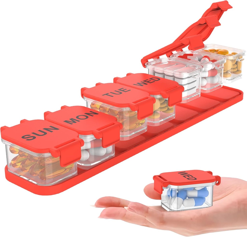 Extra Duży Tygodniowy Pill Organizator - wodoodporny 7- Day Pill Box, Przenośny Witamina & Suplement Case, Łatwy do otwartego projektowania, Idealny do podróży i Daily Medication Management (Czerwony)
