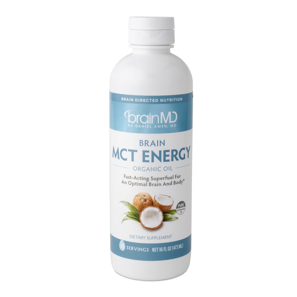 Dr Amen BrainMD Brain MCT Energy - 16 fl oz - Wsparcie energetyczne dla mózgu i ciała - Poprawia ostrość i nasycenie - Czyste i szybkie aktorstwo - Gluten Free - 31 Sługi