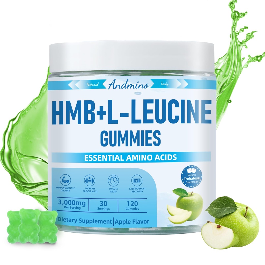 Gummy HMB i L- Leucine, 3000mg, z Trehalose, do wzrostu mięśni, Ulgi mięśniowe i naprawy treningu, dla dorosłych i starszych, Non-GMO, Wegan, Gluten Free, Apple Flavor, 120