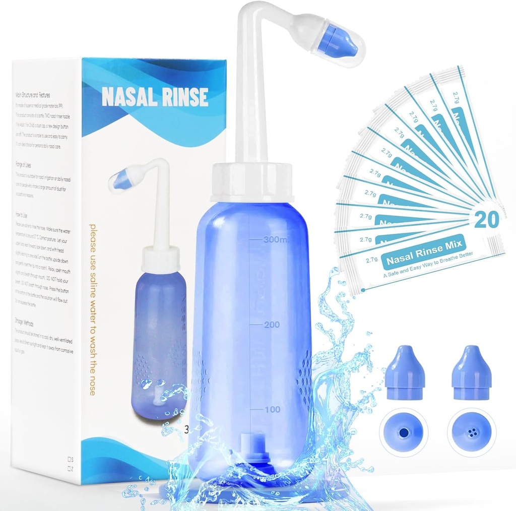 Neti Pot Sinus Rinse Butelka - Delikatna Butelka do mycia nosa do skutecznego nawadniania ciśnienia 300 ML z 20 Pakiety soli do mycia nosa