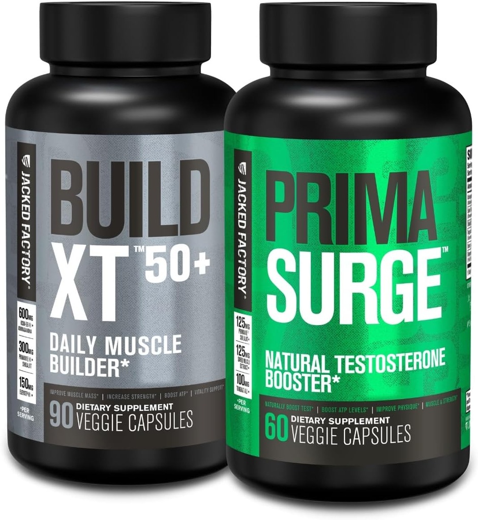 Jacked Factory Build XT 50 + Daily Muscle Builder (90 Kapsułek) PRIMASURGE Testosteron Booster dla mężczyzn (60 Kapsułek) dla witalności, Wzrost mięśni i energii