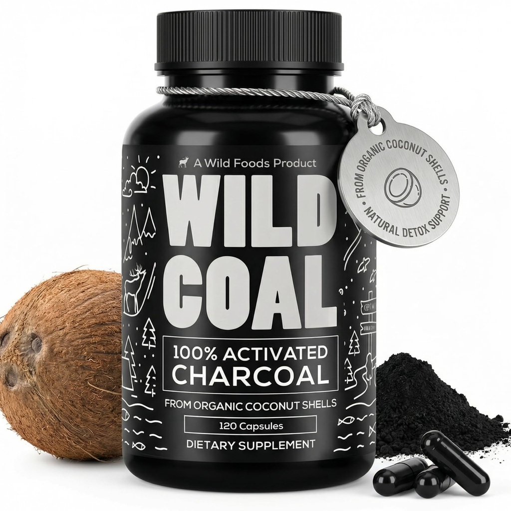 Wild Foods Activated Charcoal Kapsułki 124; 100% Organic Coconut Shells Active Tablets for Bloating & Hancac Next 124; Lab Tested & Non-GMO Detox Pills Nex124; Made in USA (120 kapsułki)