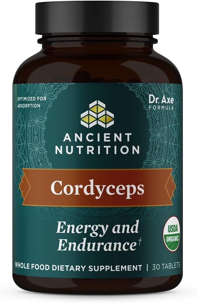 Ancient Nutrition Organic Cordyceps Tablets, Made with Ashwagandha, Wsparcie energii i wytrzymałości, Gluten Free, Wegan, Paleo i Keto Friendly, 30 Hrabia