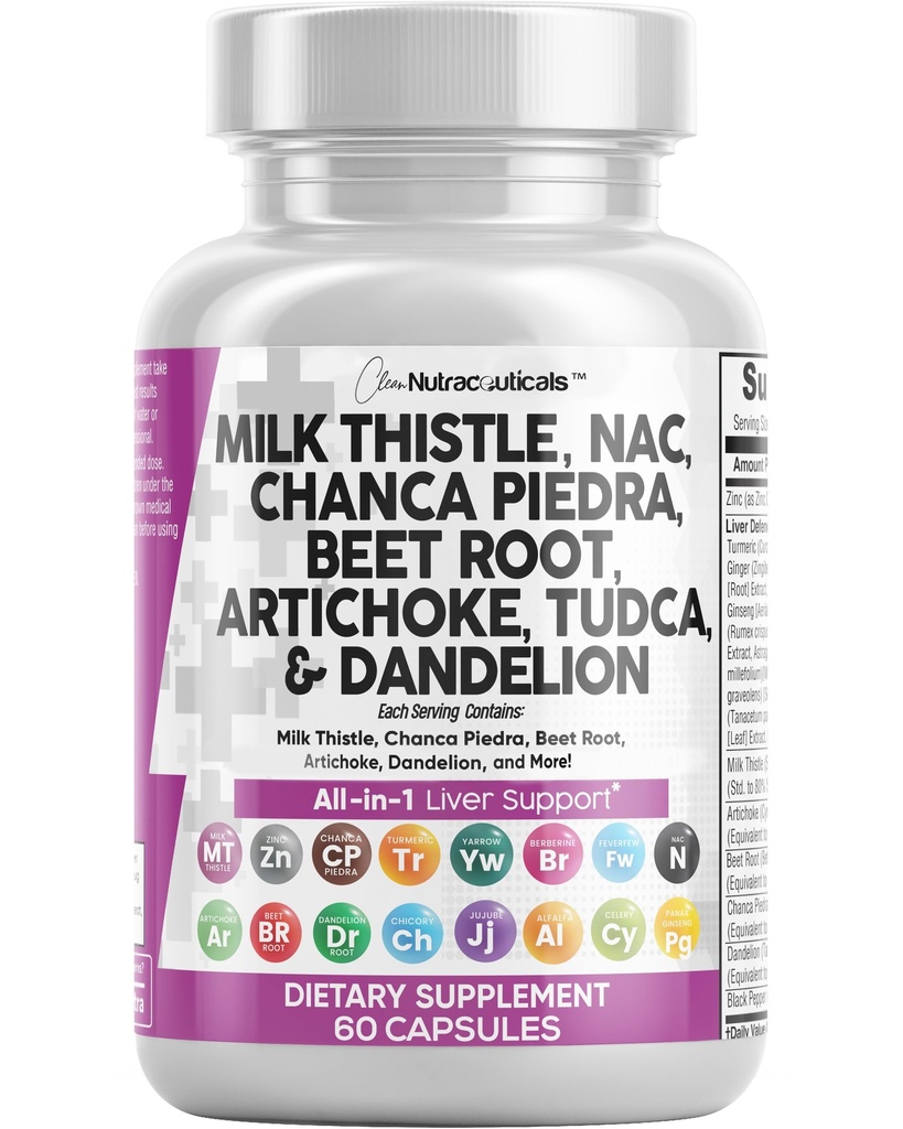 Czyste Nutraceuticals Milk Thistle NAC Chanca Piedra Beet Root Artichock Astragalus Dandelion Root - Liver Cleanse Detox & Repair Supplement Plus TUDCA Choline & Ginger - 1Pack