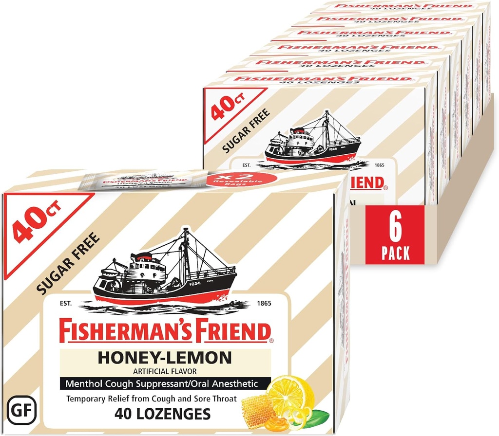Fisherman 's Friend Cough Drops, Cough Suppressant and Sore Throat Lozenges, Sugar Free Honey- Lemon, 5,52mg Menthol, 240 Drops (6 opakowań po 40)