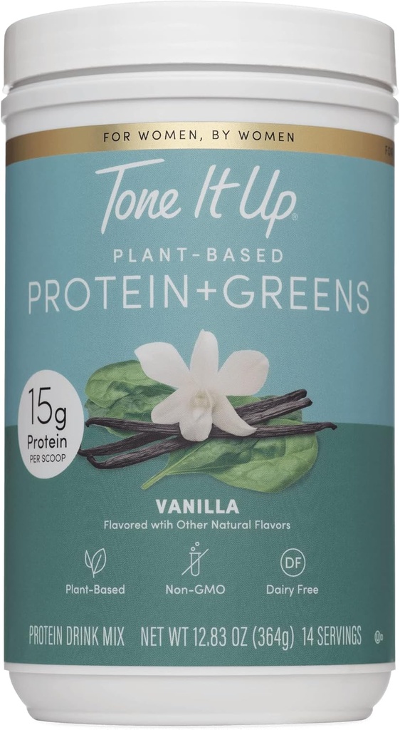 Tone It Up Plant Protein Based Powder + Zielone I Mleczarnia wolna, Kosher, Non-GMO Pea & Pumpkin Seed Protein for Women I 14 Serings, 15 g Protein - Vanilla