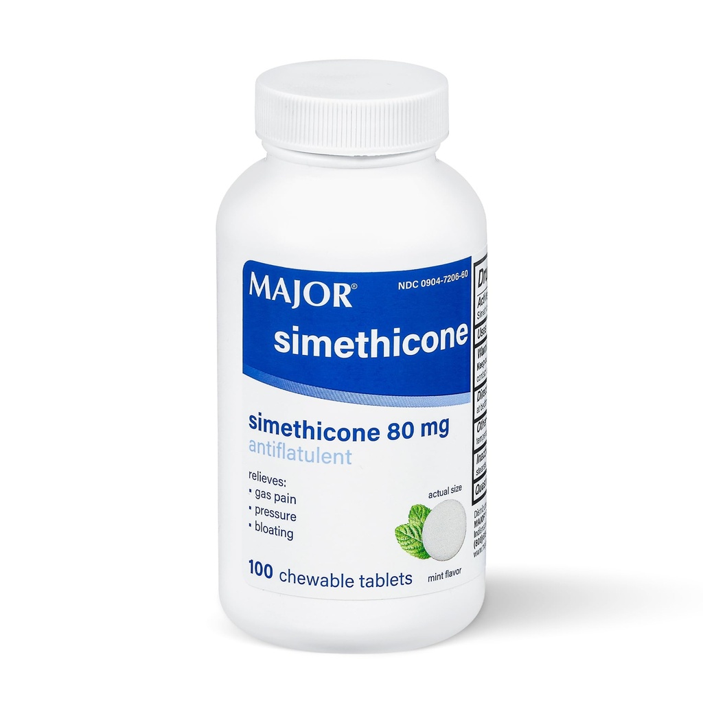 MAJOR Simeticone Gas Relief 80 mg - Antypłaski, Bloating and Gas Pressure Aid - 100 tabletek do żucia (1 opakowanie)