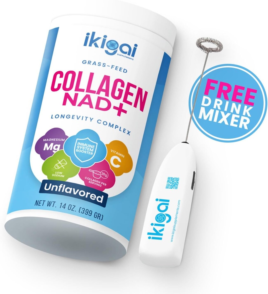 Ikigai Collagen z NAD + (30 Servings) - Non- GMO, Gluten- Free, Paleo, Kosher - No Flavor, Zawiera mieszalnik napojów