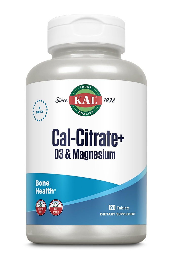 KAL Cal- Citrate +, Wapnia Citrate Plus Witamina D-3 i 500 mg magnezu, Zdrowe kości i wsparcie zębów, Gluten Free i laboratorium zweryfikowane pod kątem jakości, 30 Słupki, 120 Tabletki