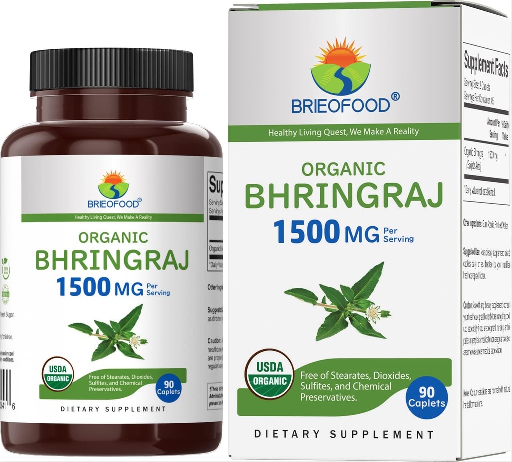 Brieofood Organic Bhringraj 1500mg, 45 Służenia, Wegetarianin, Gluten Free, 90 Tabletki wegetariańskie