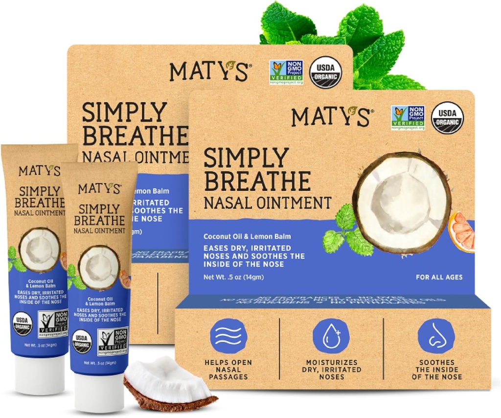Matys Organic Simply Breathe Nasal Nasal Massal dla suchych nosów i nozdrzy Ze względu na alergie, krwawienie z nosa, CPAP i urządzenia tlenowe irytacja, Czysta sól alternatywna dla dorosłych i dzieci, 2 opakowania, 0,5 oz każdy