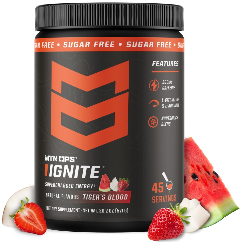 MTN OPS Ignite Energy Drink Powder, Gluten Free Nootropic Supplement Drink Mix, L Arginina, L Citrulina, Kofeina & Nootropic Sugar Free Drink Mix, 45 Słupki, Tygrys 's Blood
