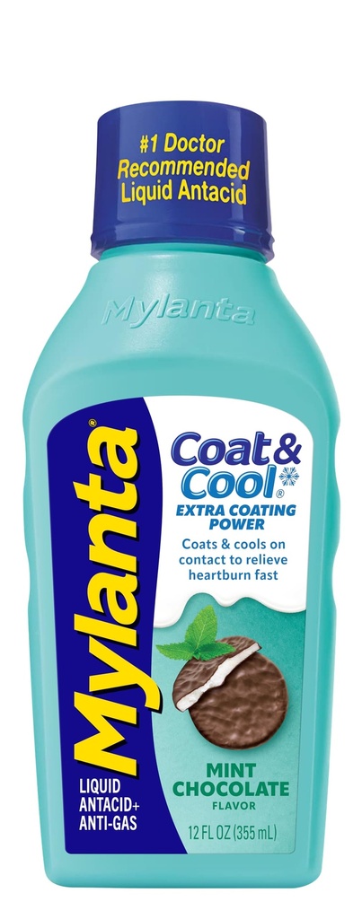 Mylanta Heartburn and Gas Relief, Płynny Antacid, Coat & Cool Formuła, Ment czekoladowy Flavor, 12 Fl Oz