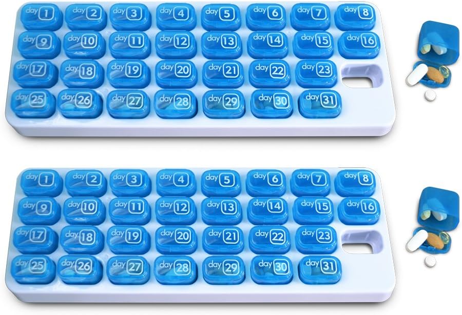 31 Dzień Miesięczny Pill Organizator z Pop Out Pocket Pill Place i Taca do przechowywania witamin, suplementy, Dom, Praca lub podróż - 2 Pack Blue