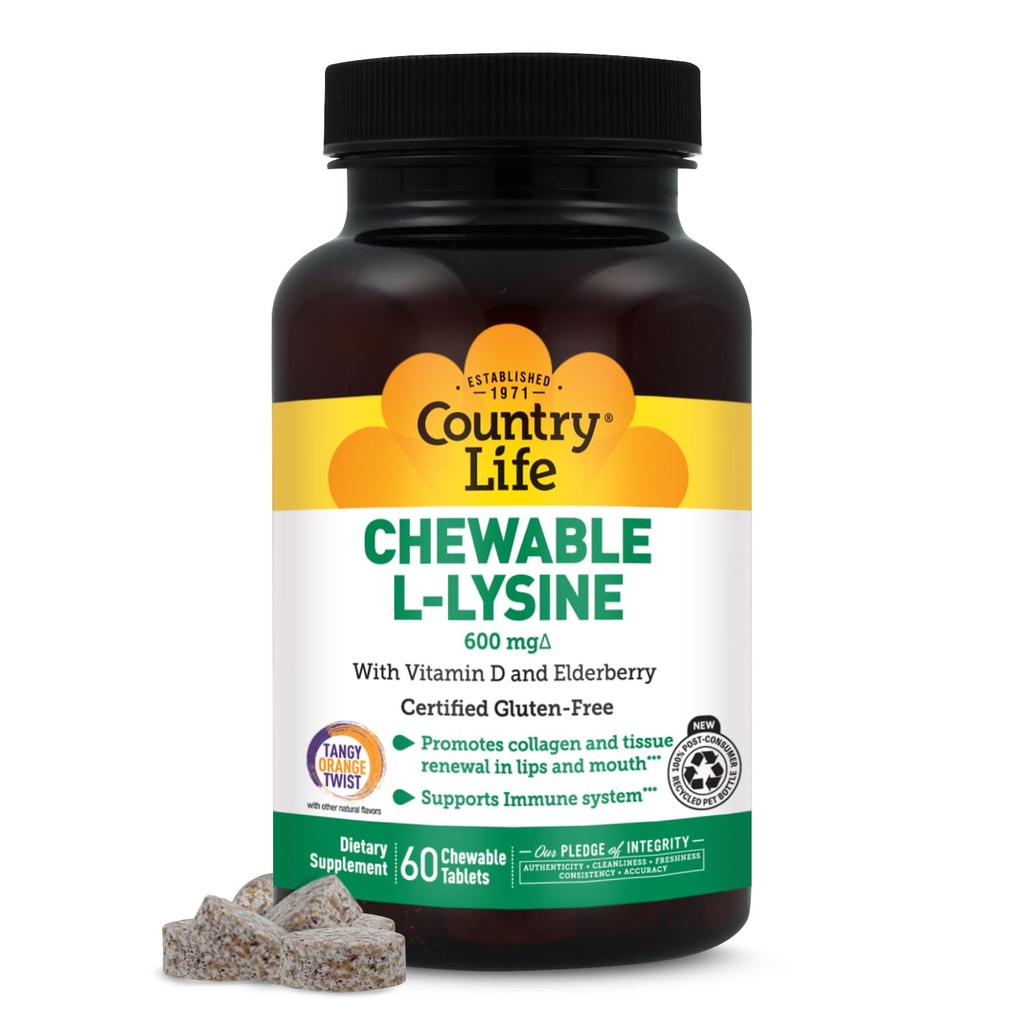Country Life Chewable Suplement L- Lysine z witaminą D i Elderberry, Wsparcie immunologiczne i Odnowa kolagenu dla tkanki skóry, Idealny dla dorosłych