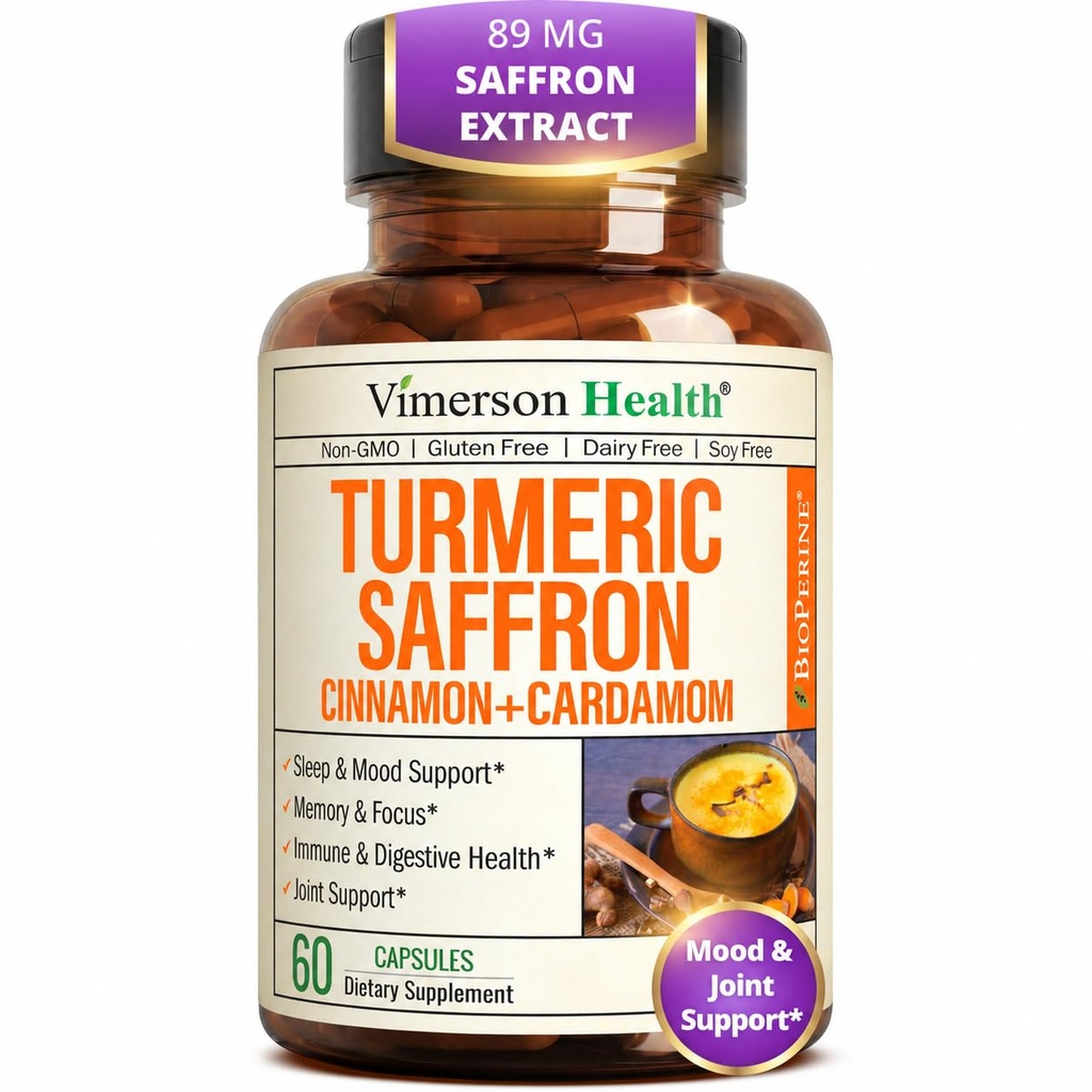 Saffron Supplements - 89mg Saffron Extract i 1000mg Tumeric Blend - Turmeric Supplement with Ceylon Cynamon and Cardamon for Mood, Memory & Eye Health - Joint Supplements for Women & Men - 60 Count