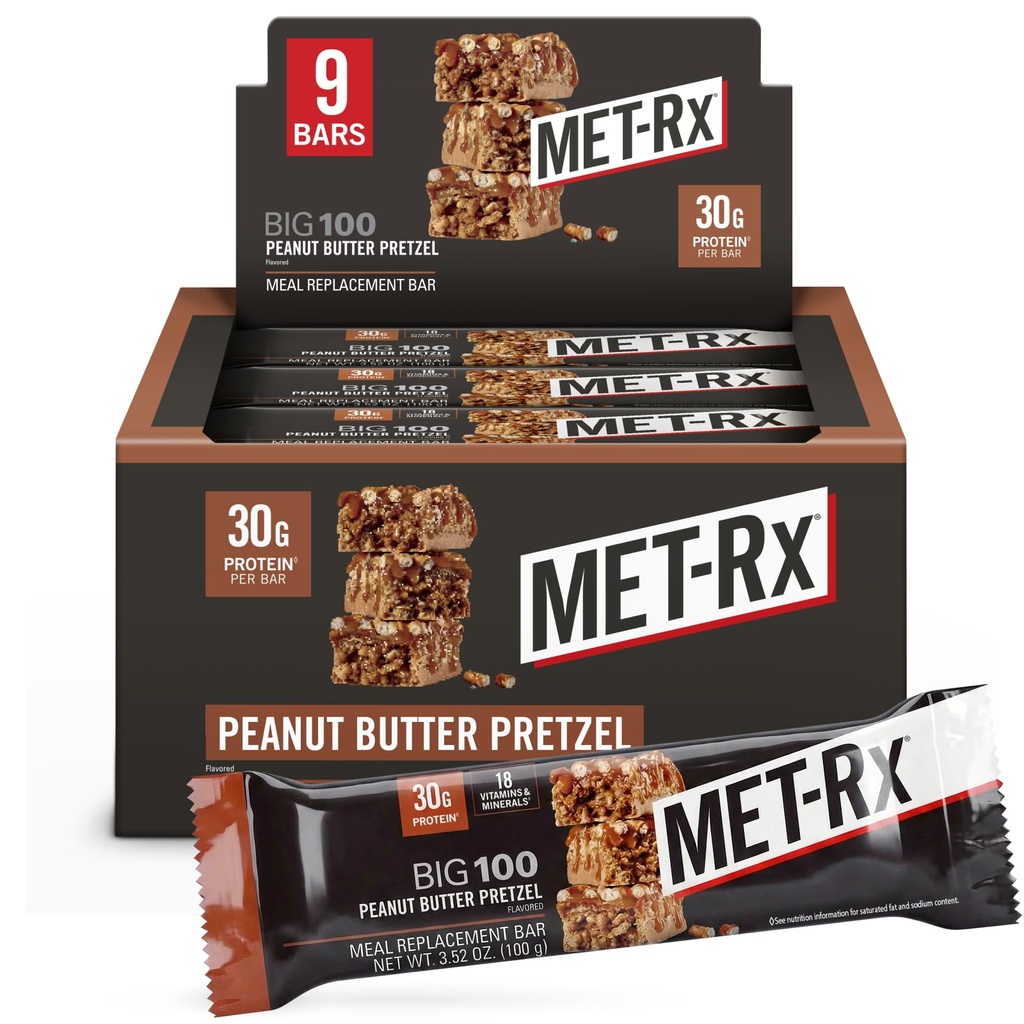 MET- Rx Big 100 Kolosalne batoniki białkowe, Wielki jak zdrowa wymiana posiłków, Przekąski, i Pomoc Support Energy, Masło orzechowe Pretzel, Witamina A, Witamina C i Cynk, 100 g, (Opakowanie 9)