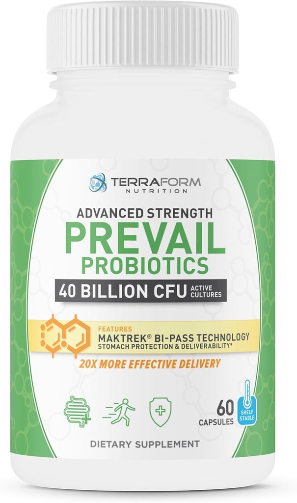 Prevail Probiotics - 40 Miliard CFU, Opatentowana ochrona żołądków & Wytrzymałość - Najlepsze dla odporności & Gut Health - Półka Stabilna z gwarancją mocy - 1 Miesiąc Dostawy