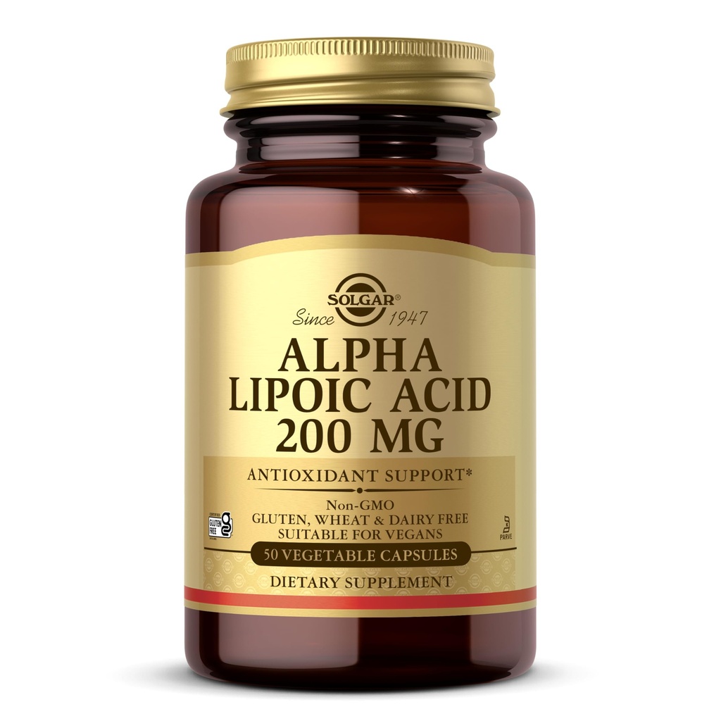 Solgar Alpha Lipoic Acid 200 mg, 50 Kapsułki roślinne - Wsparcie przeciwutleniające - Pomaga w recyklingu glutationu, witaminy C & E, CoQ- 10 - Non-GMO, Wegan, Gluten Free, Dairy Free, Kosher - 50 Służenie